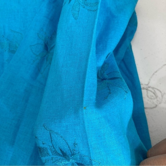 Vintage Blue Linen Blend Floral Embroidered Long Sleeve Button Down Large - Picture 9 of 9